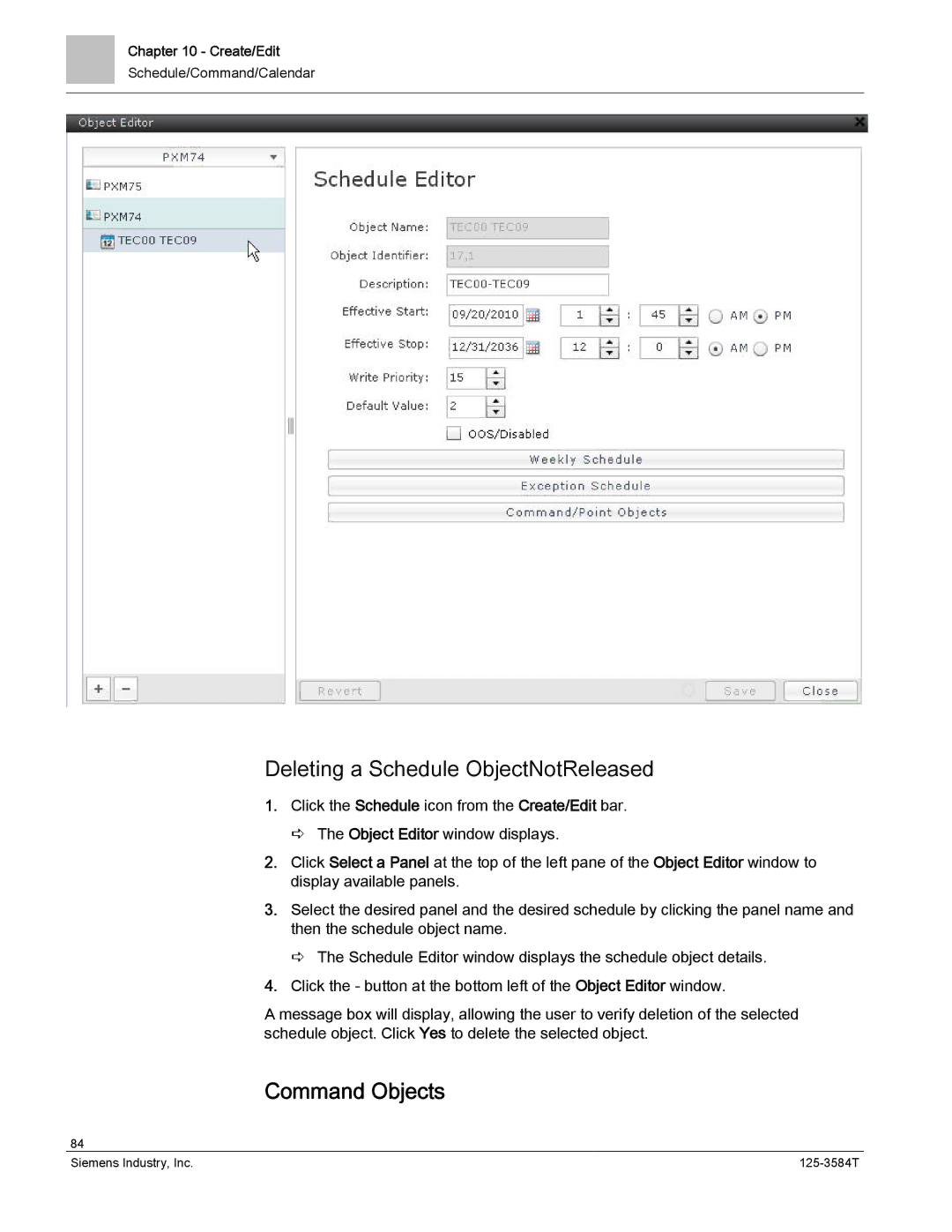 Siemens 125-3584T manual Deleting a Schedule ObjectNotReleased, Command Objects 