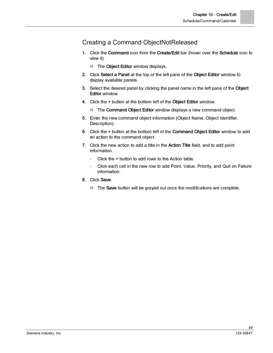 Siemens 125-3584T manual Creating a Command ObjectNotReleased 