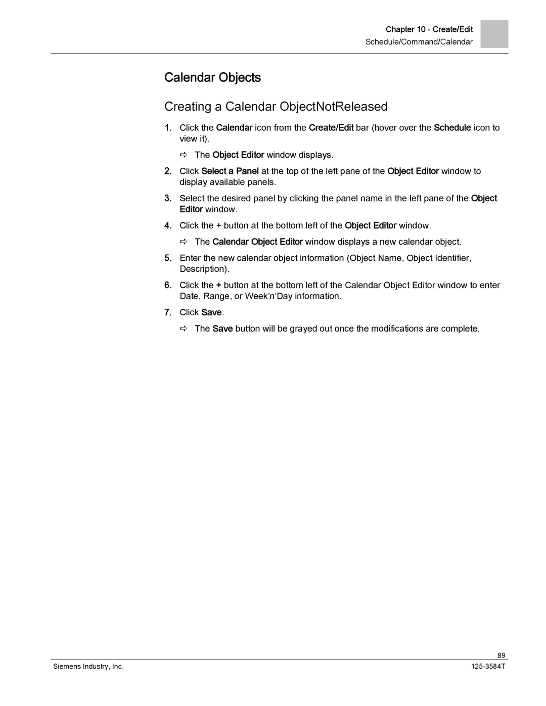 Siemens 125-3584T manual Calendar Objects, Creating a Calendar ObjectNotReleased 