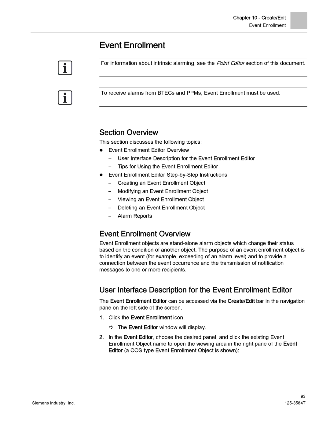 Siemens 125-3584T manual Event Enrollment Overview, User Interface Description for the Event Enrollment Editor 