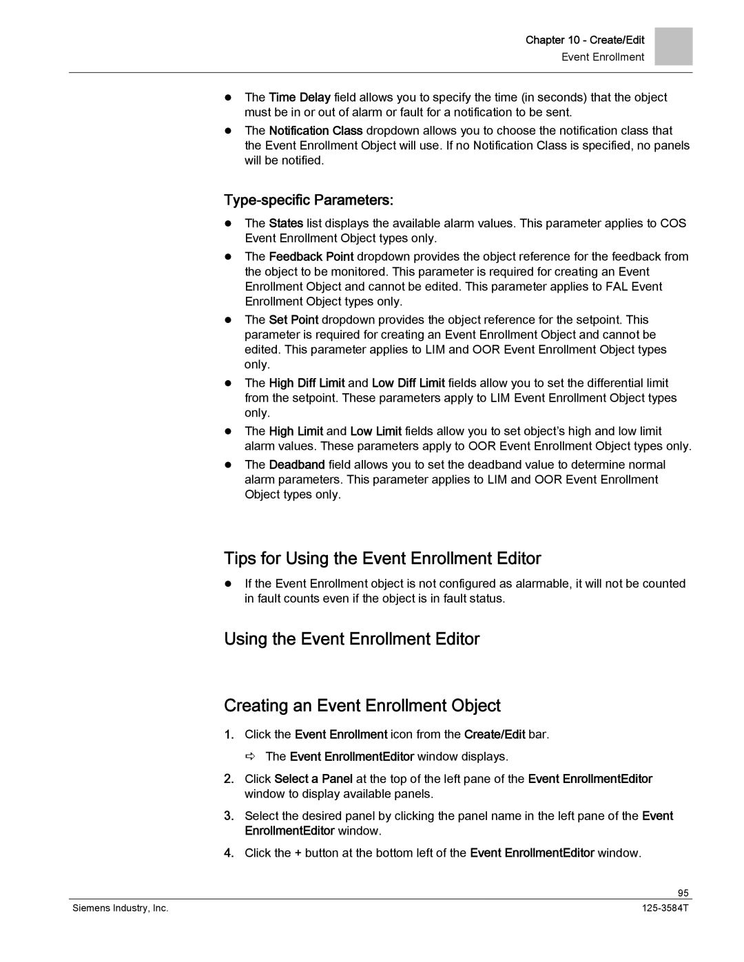 Siemens 125-3584T manual Tips for Using the Event Enrollment Editor, Type-specific Parameters 