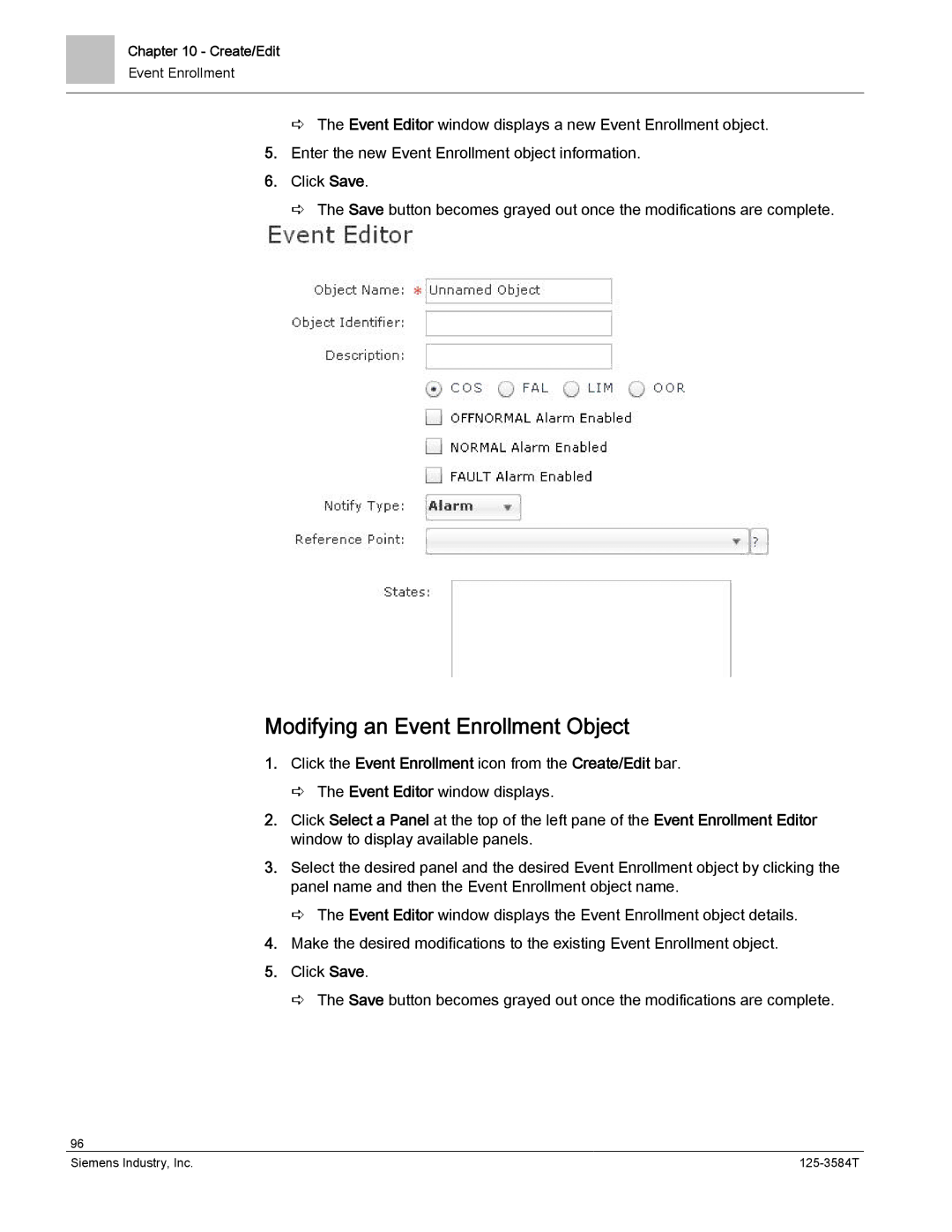 Siemens 125-3584T manual Modifying an Event Enrollment Object, Click the Event Enrollment icon from the Create/Edit bar 