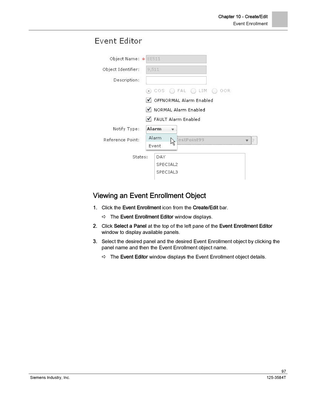 Siemens 125-3584T manual Viewing an Event Enrollment Object 