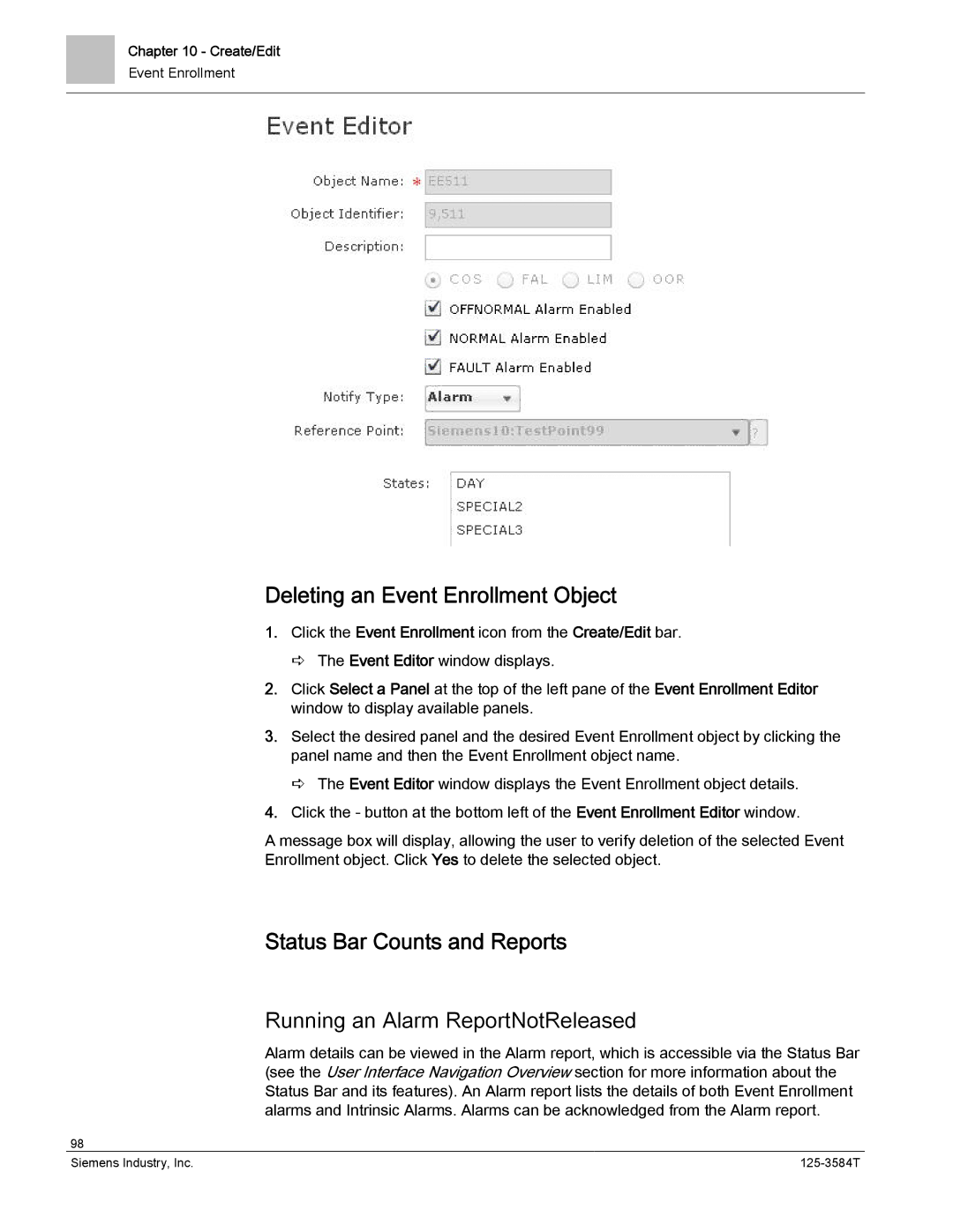 Siemens 125-3584T Deleting an Event Enrollment Object, Status Bar Counts and Reports, Running an Alarm ReportNotReleased 