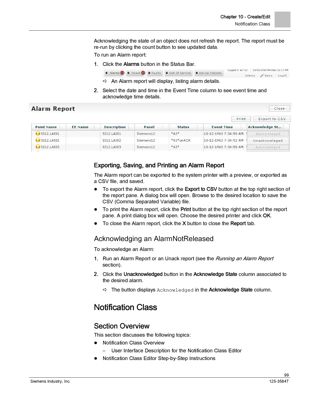 Siemens 125-3584T manual Notification Class, Acknowledging an AlarmNotReleased 