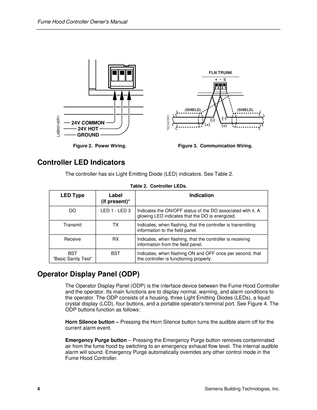 Siemens 125-5033 owner manual Controller LED Indicators, Operator Display Panel ODP, LED Type, Indication, If present 