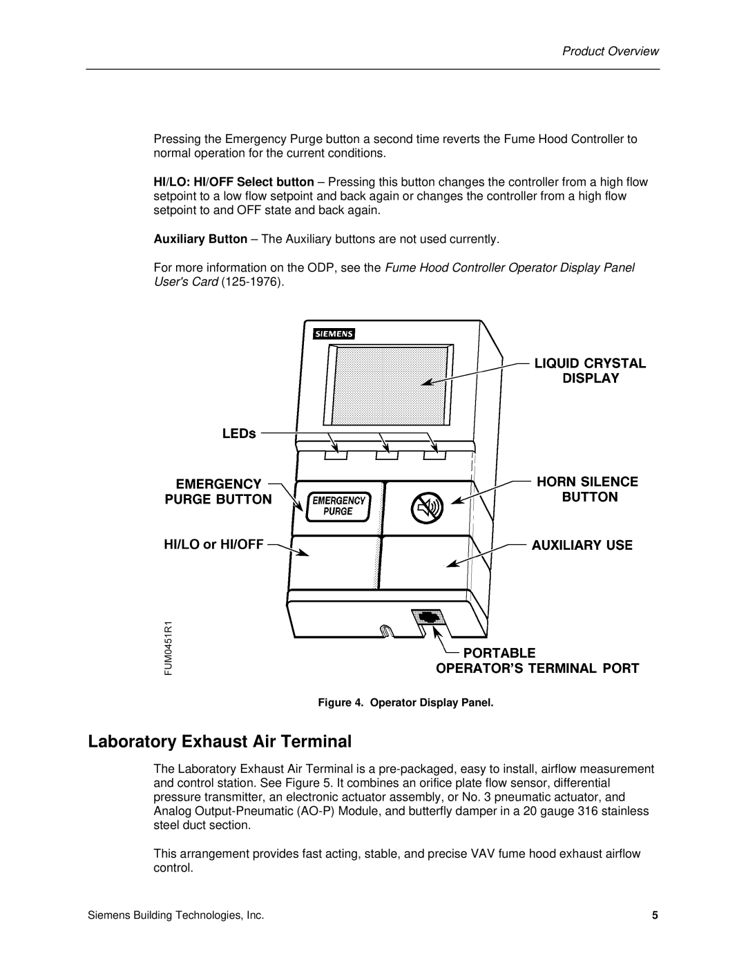 Siemens 125-5033 owner manual Laboratory Exhaust Air Terminal, Operator Display Panel 