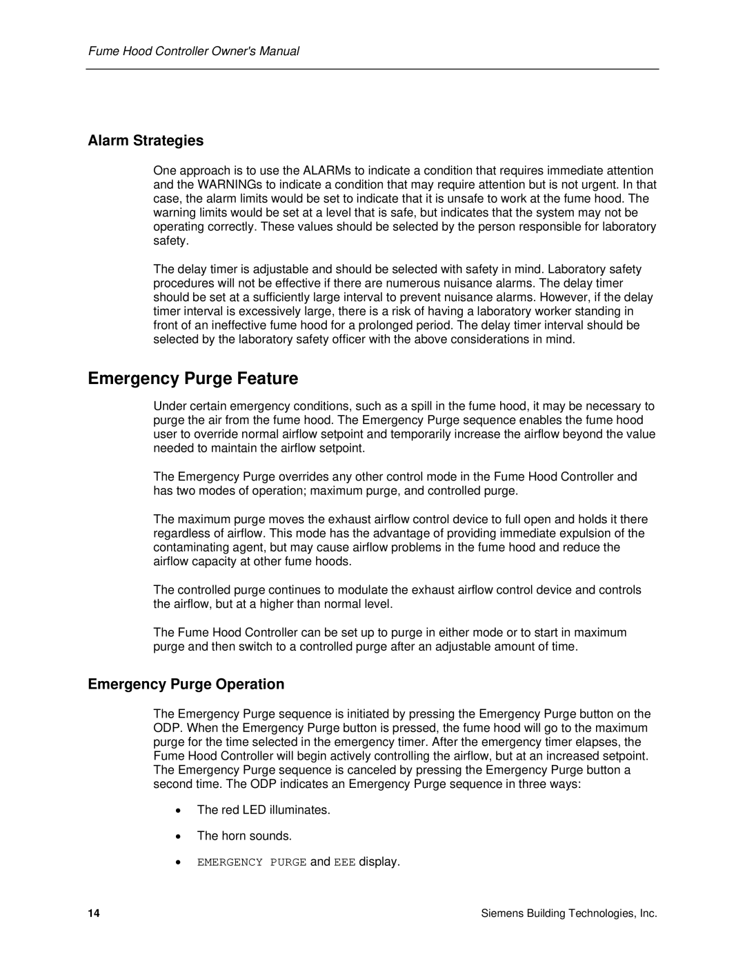 Siemens 125-5033 owner manual Emergency Purge Feature, Alarm Strategies, Emergency Purge Operation 