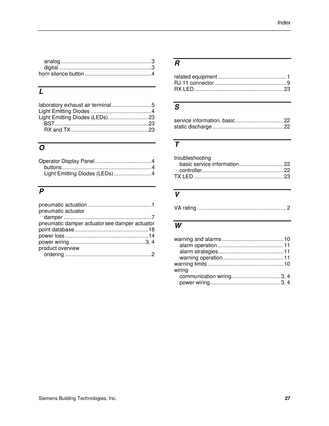 Siemens 125-5033 owner manual Index 