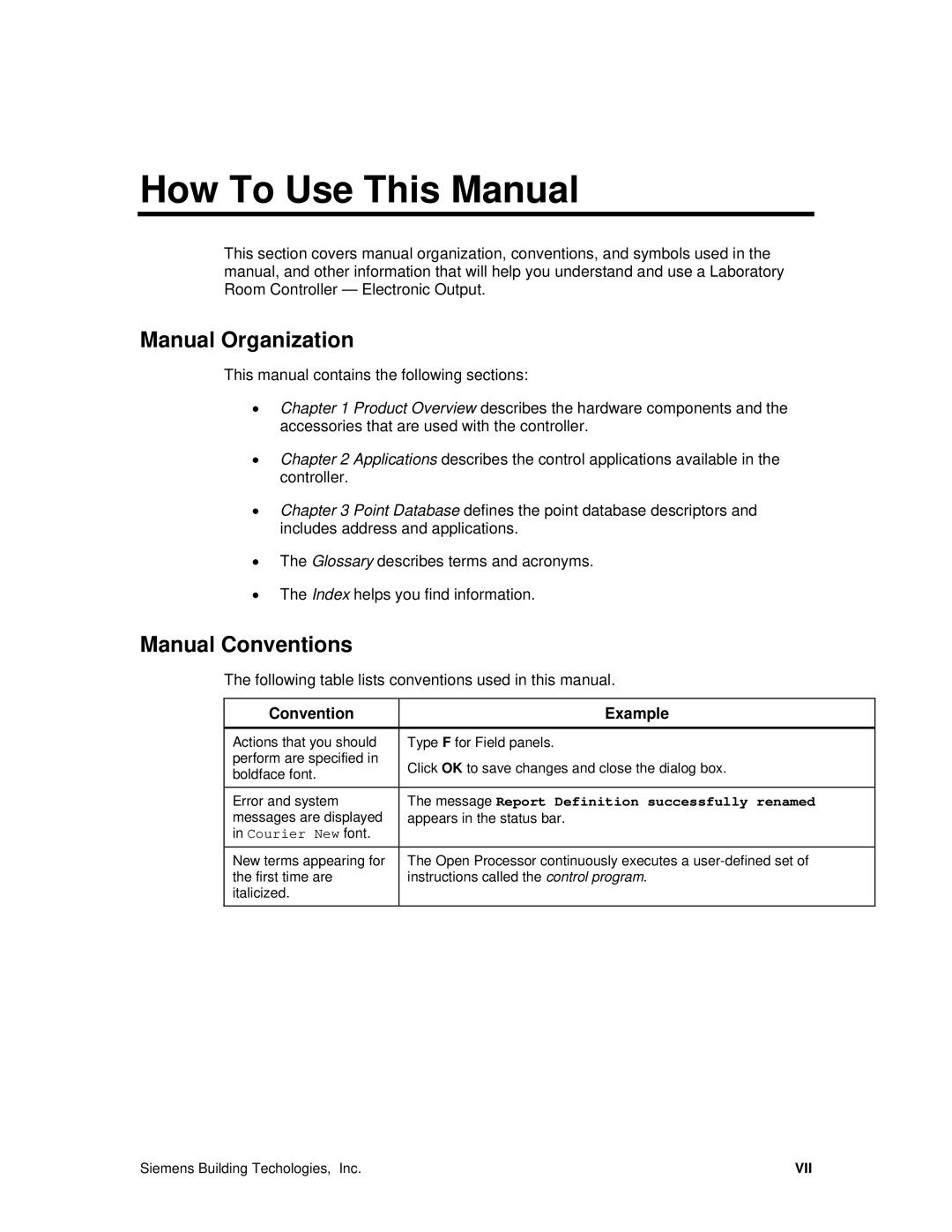 Siemens 125-5033 owner manual How To Use This Manual, Manual Organization, Manual Conventions, Convention Example 