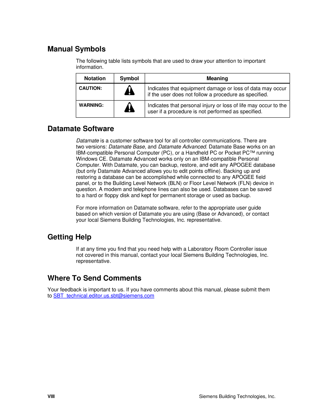 Siemens 125-5033 Manual Symbols, Datamate Software, Getting Help, Where To Send Comments, Notation Symbol Meaning 