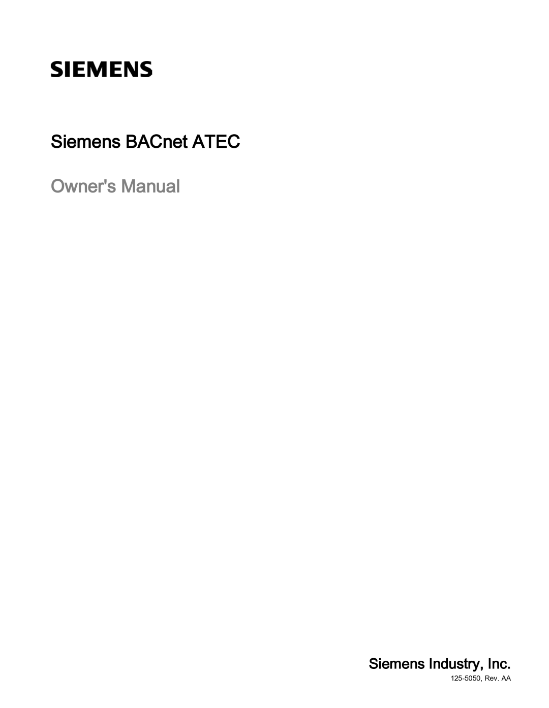 Siemens 125-5050 owner manual Siemens BACnet Atec, Siemens Industry, Inc 