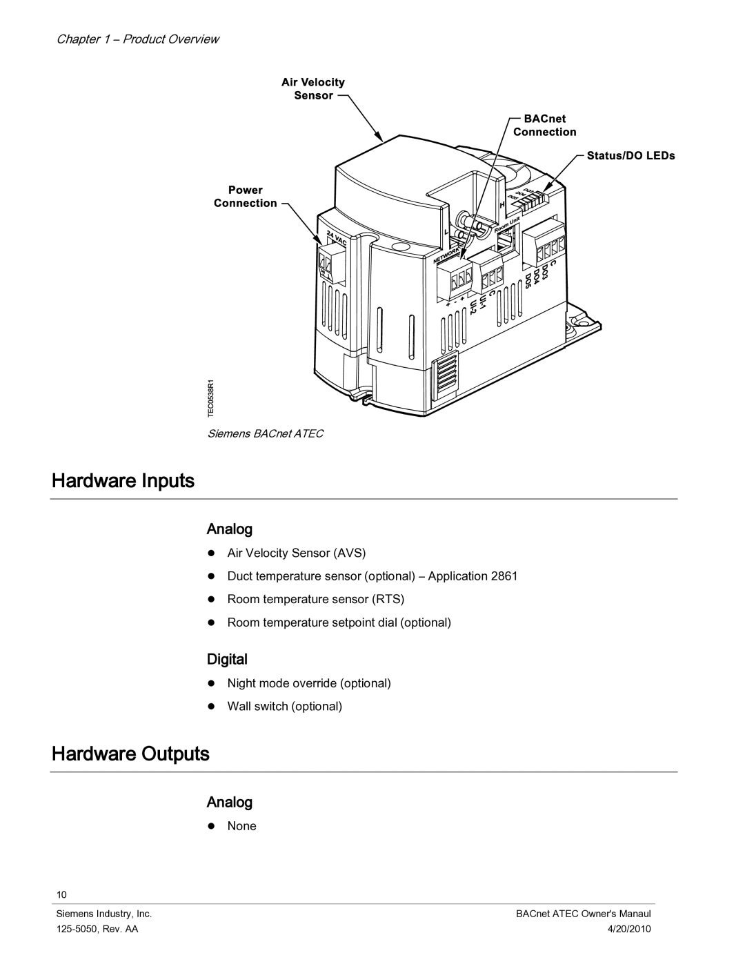 Siemens 125-5050 owner manual Hardware Inputs, Hardware Outputs, Analog, Digital 