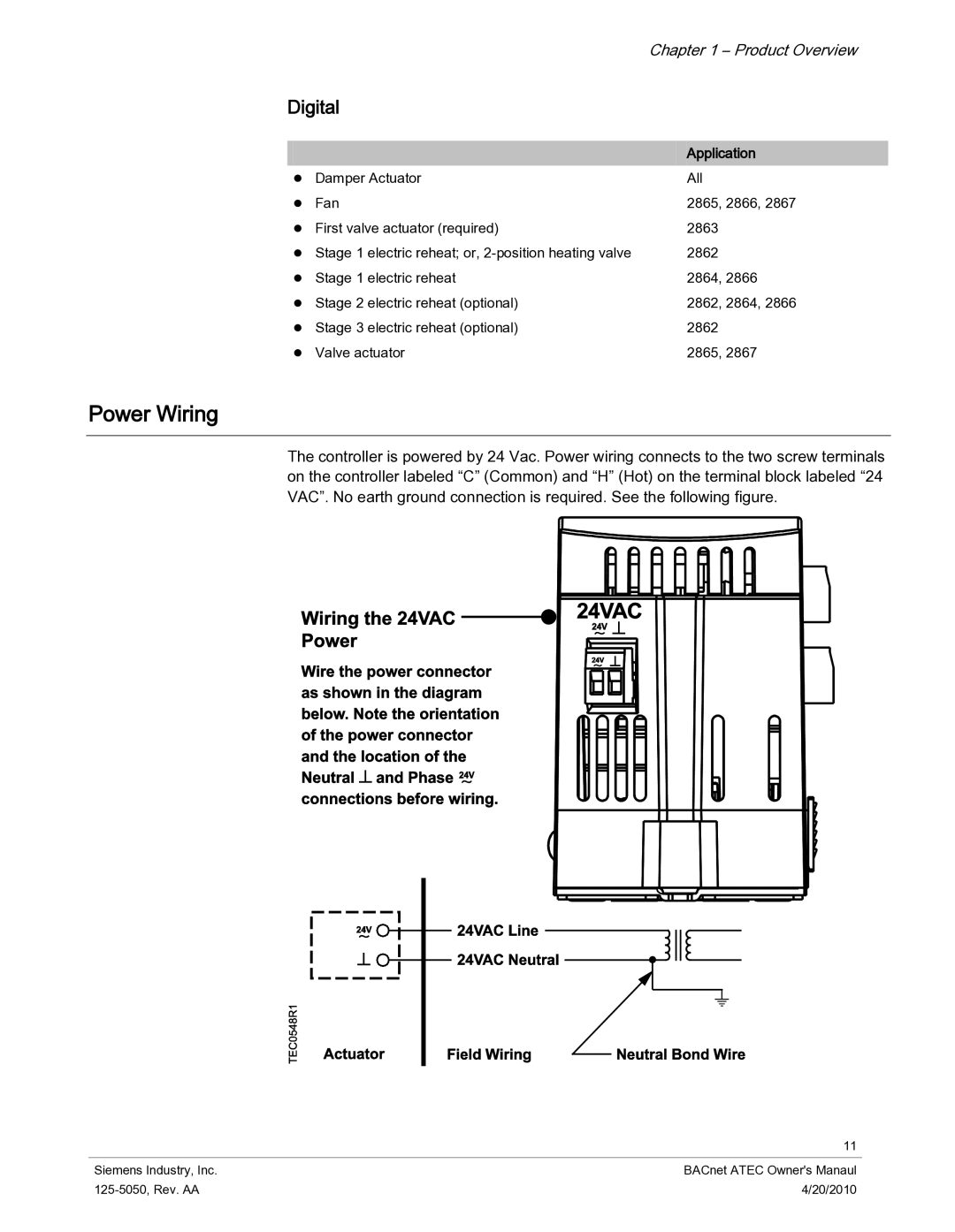 Siemens 125-5050 owner manual Power Wiring, Application 