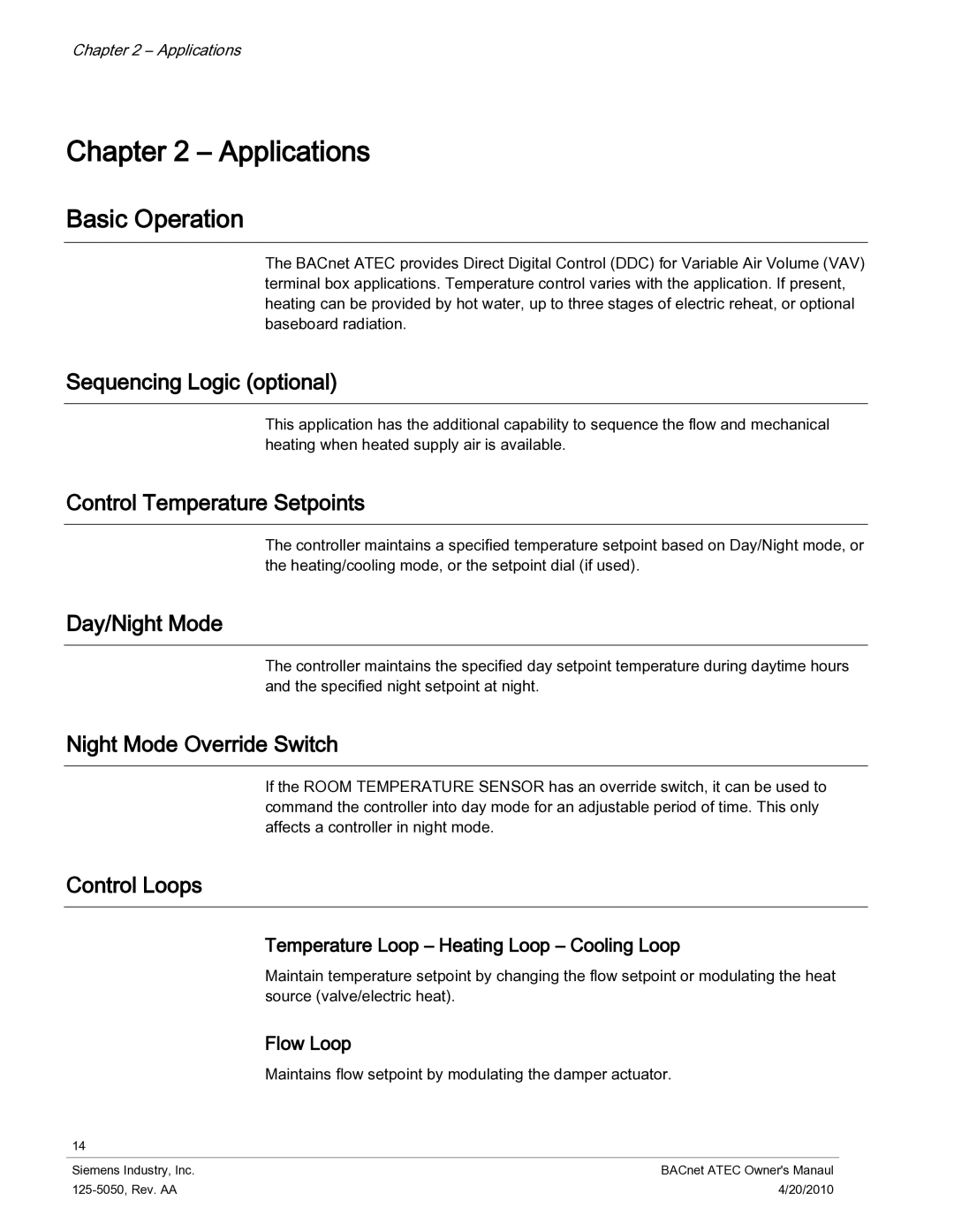 Siemens 125-5050 owner manual Applications, Basic Operation 