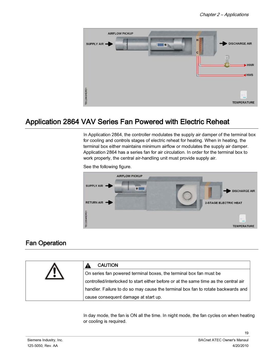 Siemens 125-5050 owner manual Application 2864 VAV Series Fan Powered with Electric Reheat, Fan Operation 