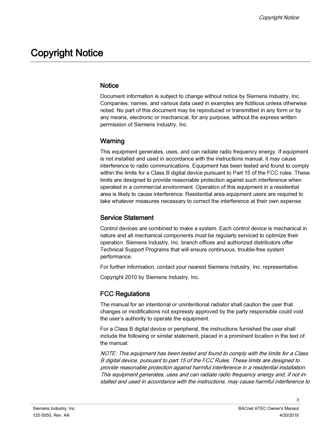 Siemens 125-5050 owner manual Copyright Notice, Service Statement, FCC Regulations 