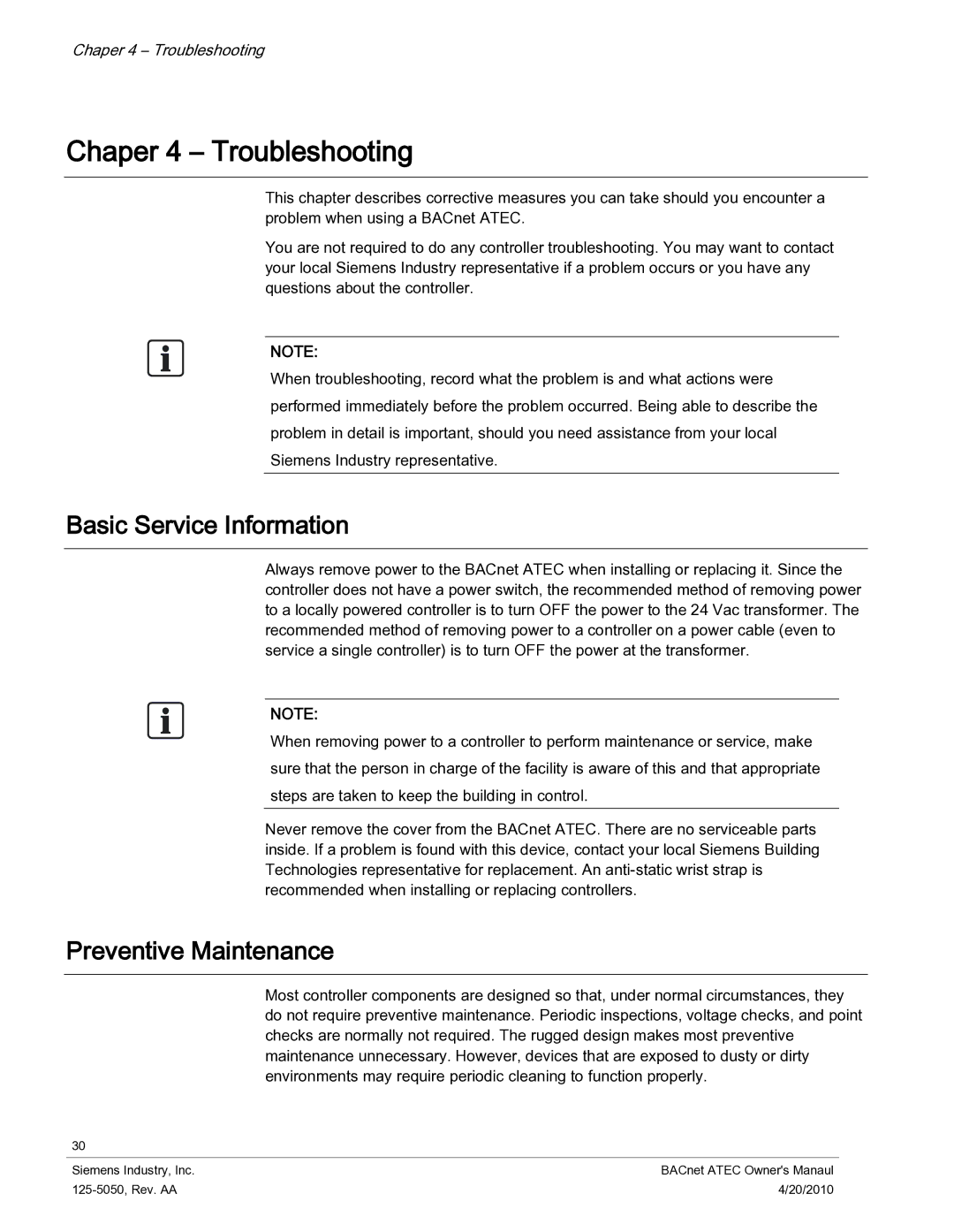 Siemens 125-5050 owner manual Chaper 4 Troubleshooting, Basic Service Information, Preventive Maintenance 