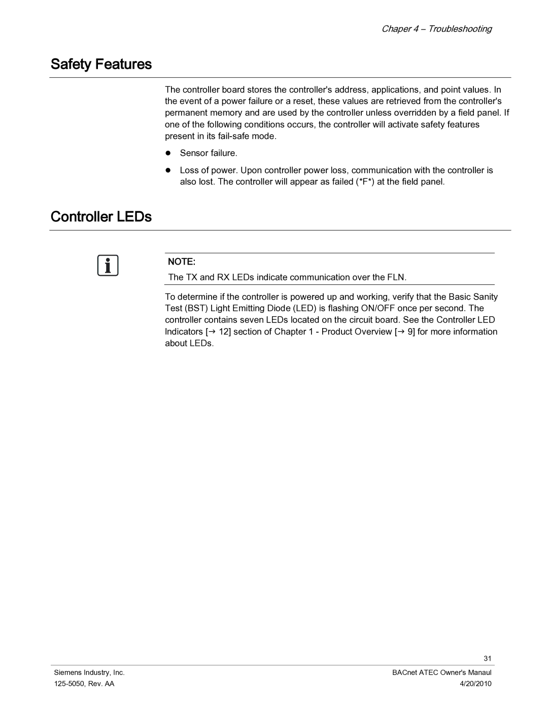 Siemens 125-5050 owner manual Safety Features, Controller LEDs 