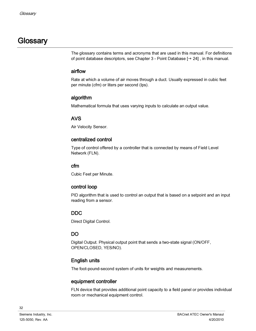 Siemens 125-5050 owner manual Glossary 