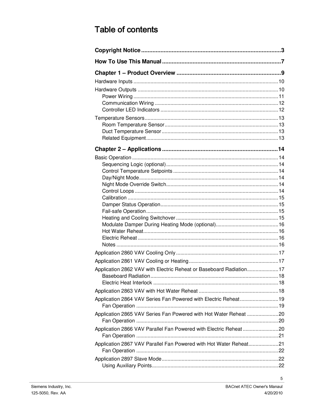 Siemens 125-5050 owner manual Table of contents 