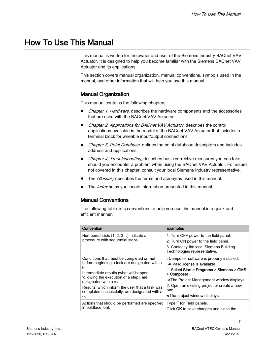 Siemens 125-5050 owner manual How To Use This Manual, Manual Organization, Manual Conventions 