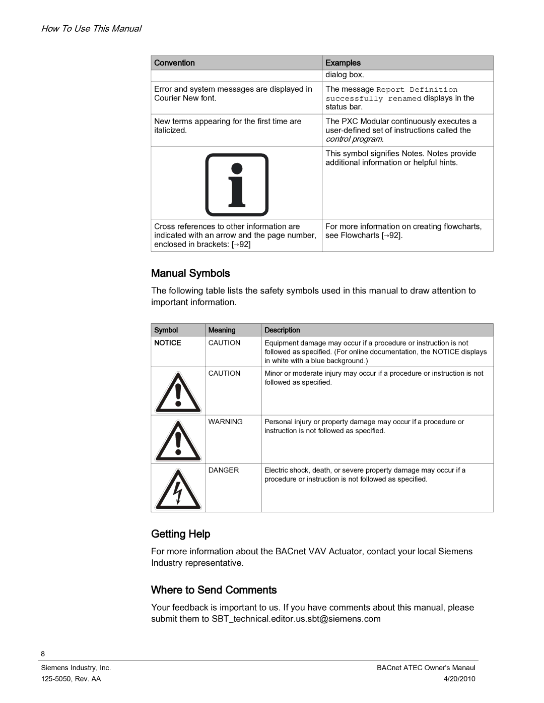 Siemens 125-5050 owner manual Manual Symbols, Getting Help, Where to Send Comments 