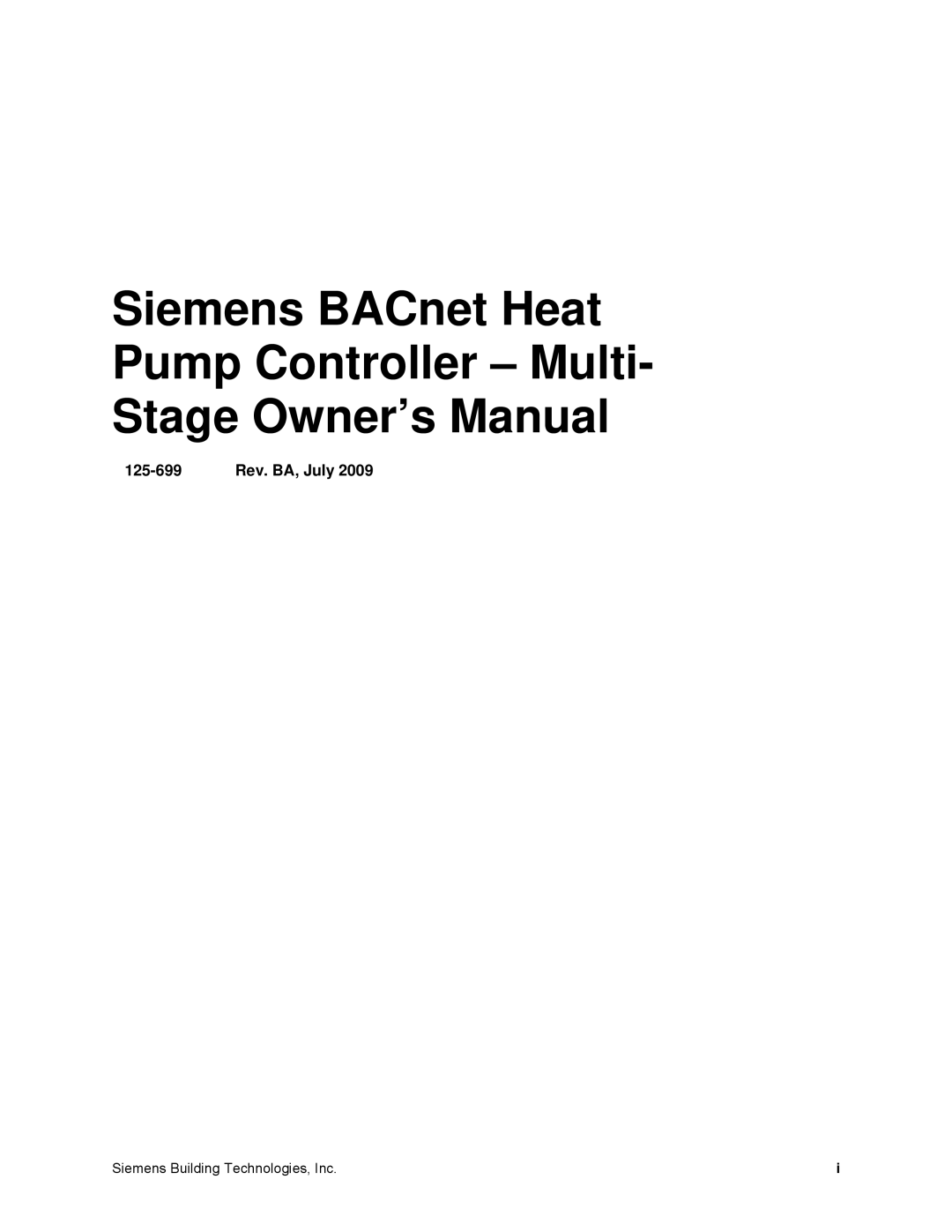 Siemens owner manual Siemens BACnet Heat Pump Controller Multi, 125-699 Rev. BA, July 