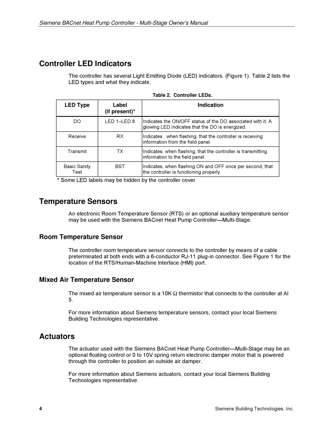 Siemens 125-699 owner manual Controller LED Indicators, Temperature Sensors, Actuators 