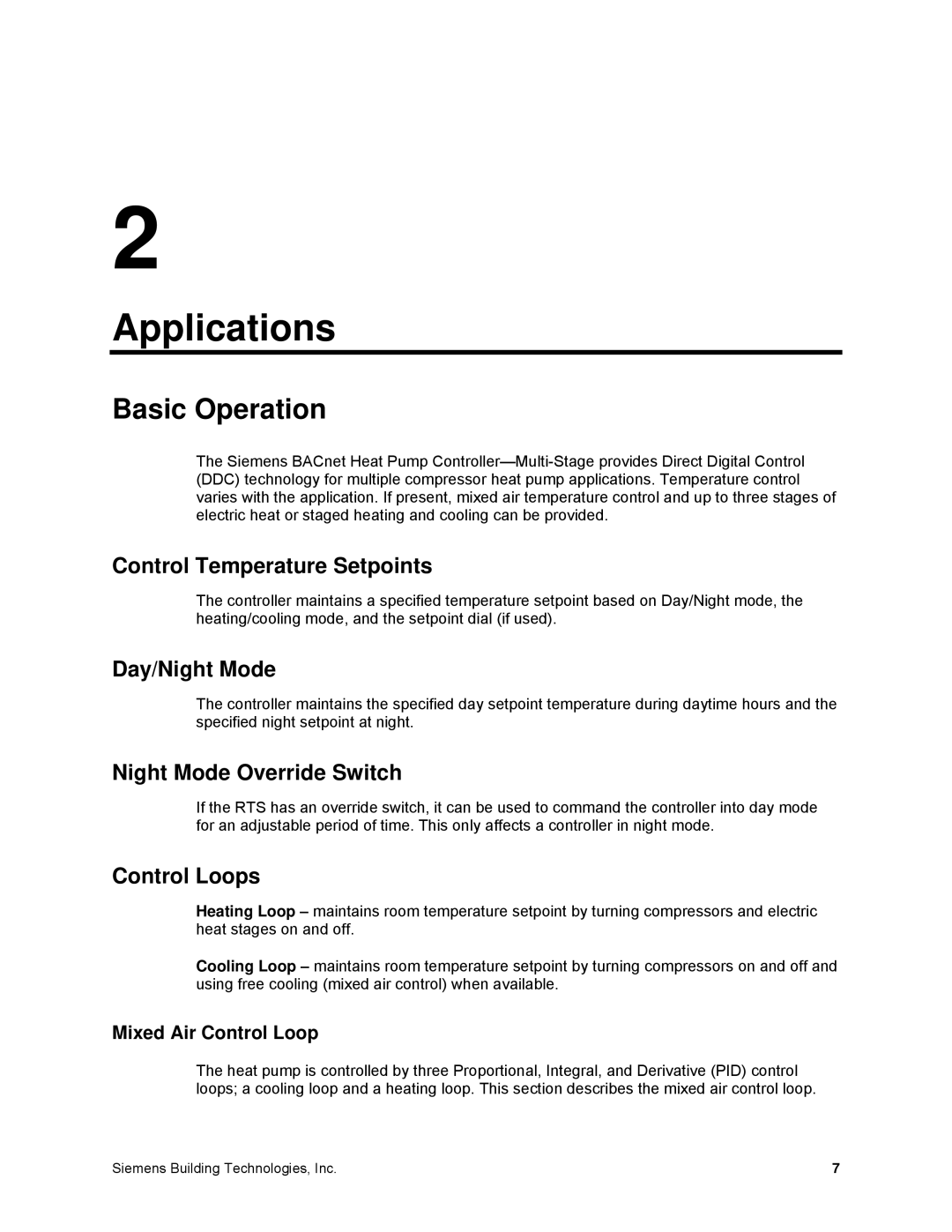 Siemens 125-699 Applications, Control Temperature Setpoints, Day/Night Mode, Night Mode Override Switch, Control Loops 