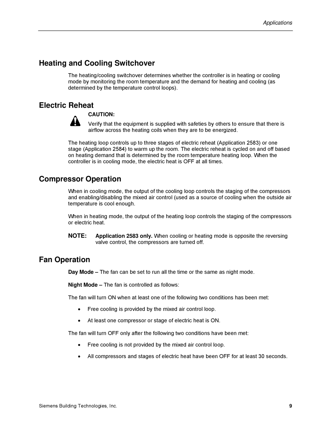 Siemens 125-699 owner manual Heating and Cooling Switchover, Electric Reheat, Compressor Operation, Fan Operation 