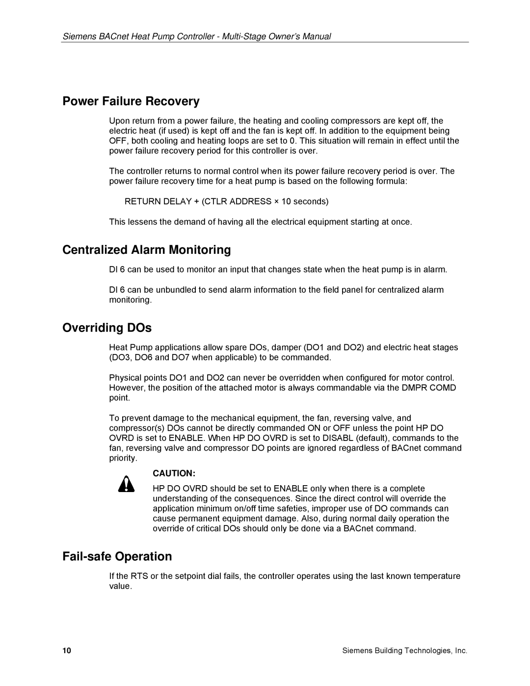 Siemens 125-699 owner manual Power Failure Recovery, Centralized Alarm Monitoring, Overriding DOs, Fail-safe Operation 