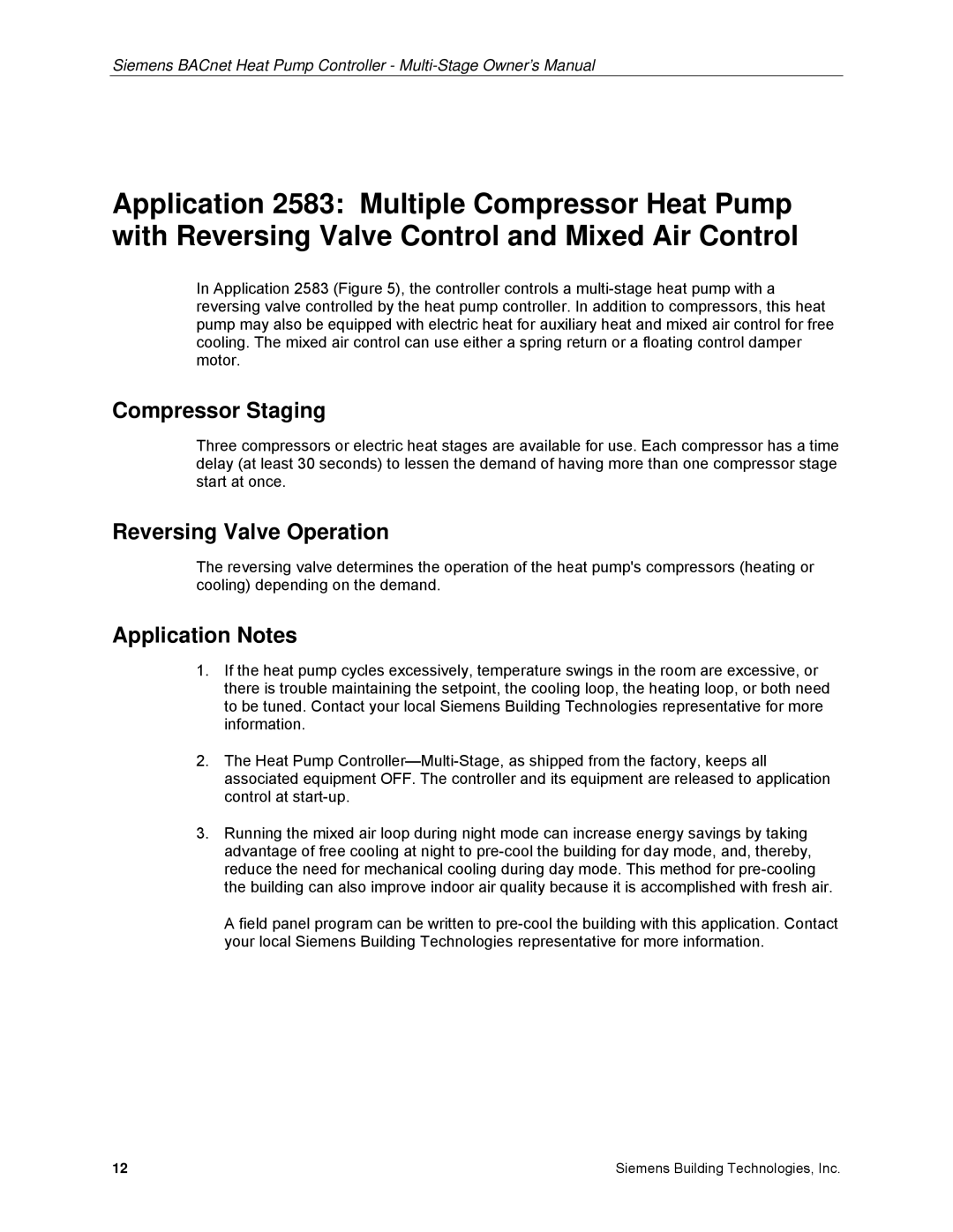 Siemens 125-699 owner manual Compressor Staging, Reversing Valve Operation, Application Notes 