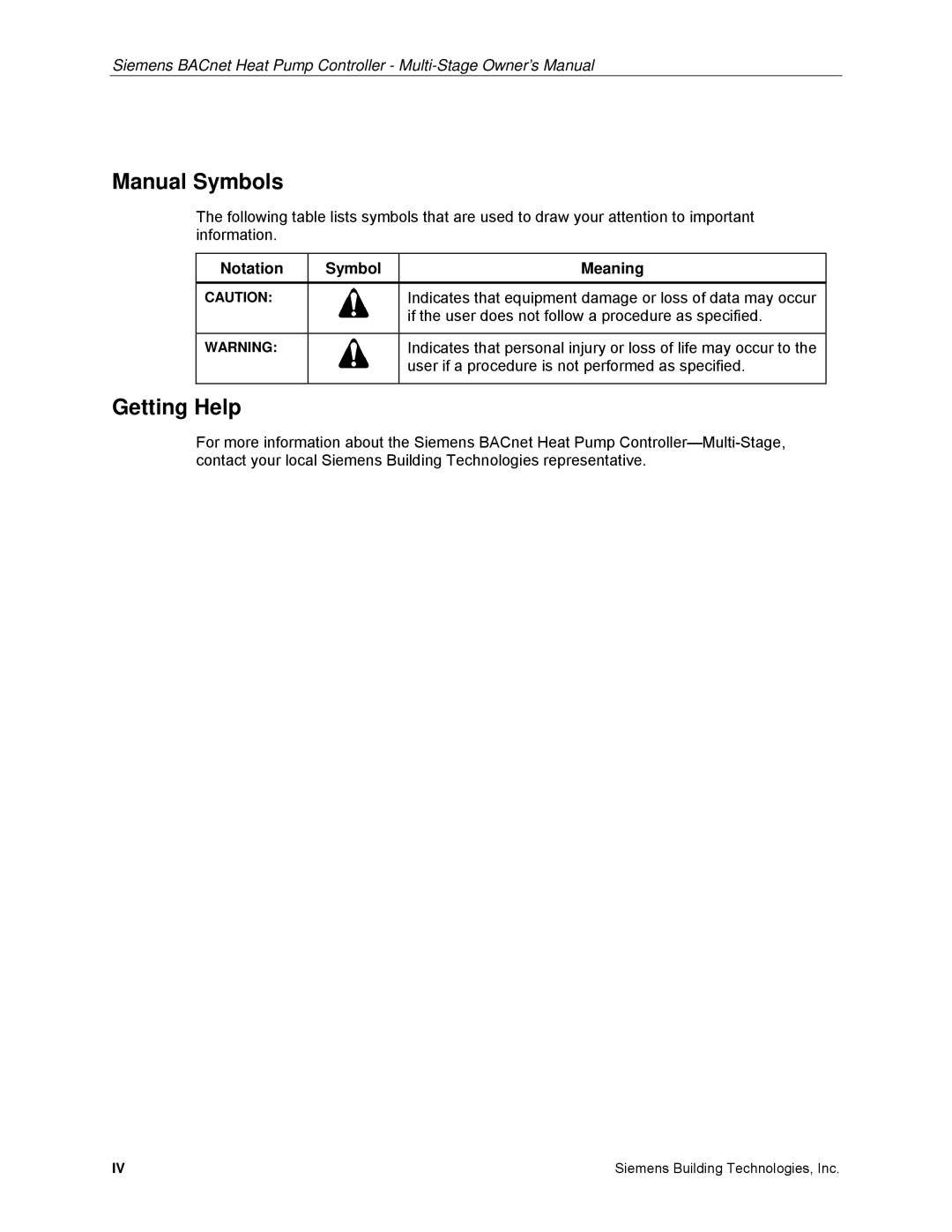 Siemens 125-699 owner manual Manual Symbols, Getting Help, Notation Symbol Meaning 