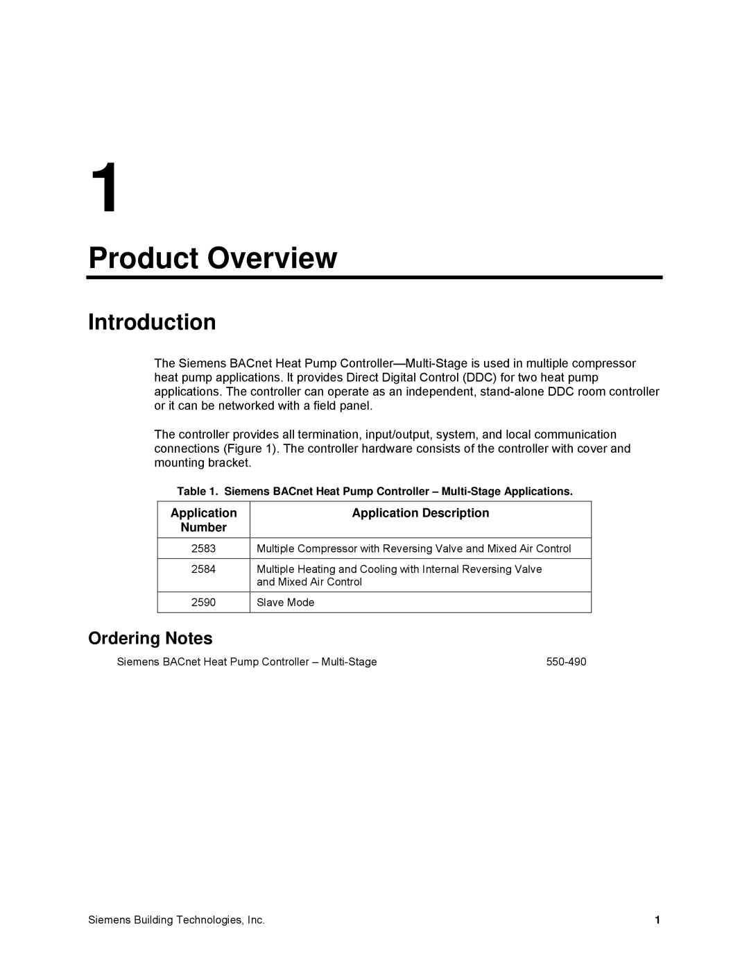 Siemens 125-699 owner manual Product Overview, Ordering Notes, Application Application Description Number 