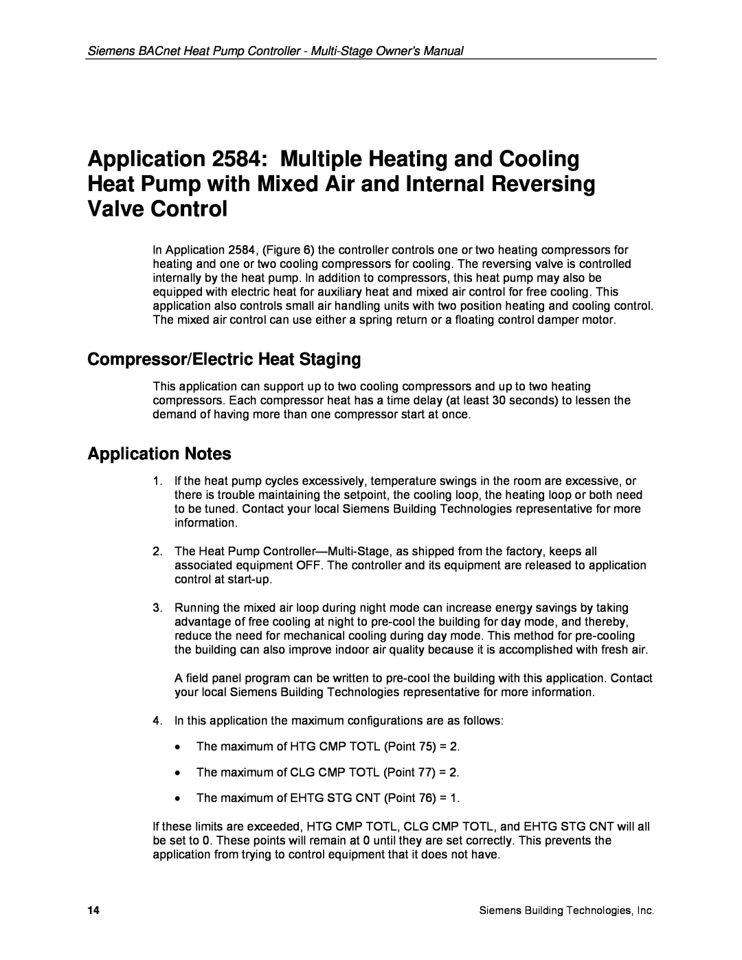 Siemens 125-699 owner manual Compressor/Electric Heat Staging, Application Notes 