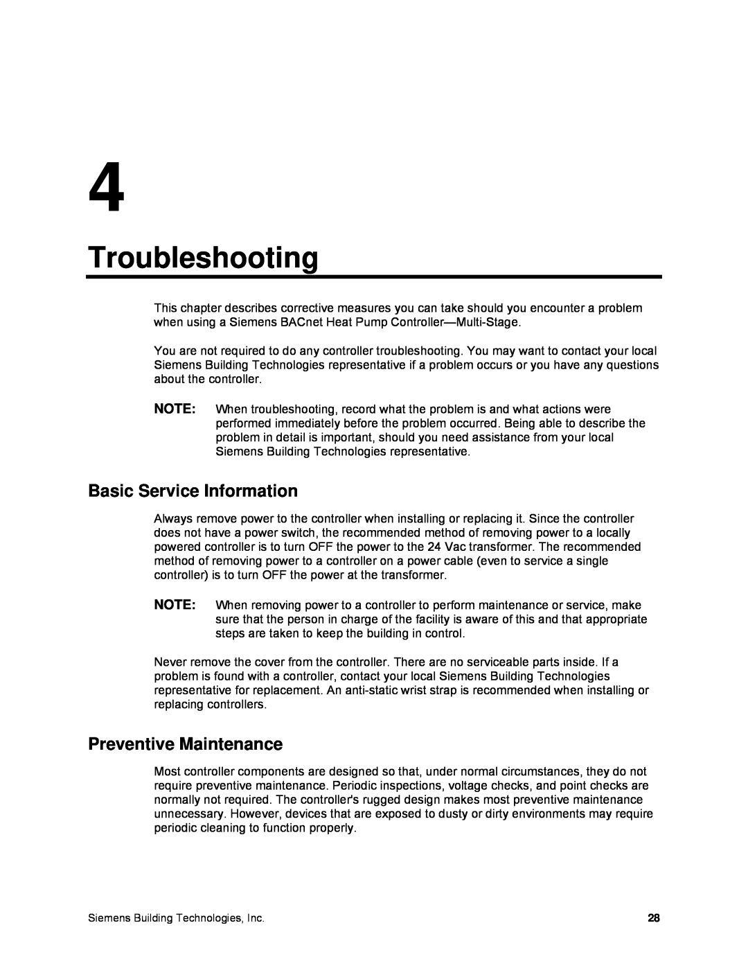 Siemens 125-699 owner manual Troubleshooting, Basic Service Information, Preventive Maintenance 