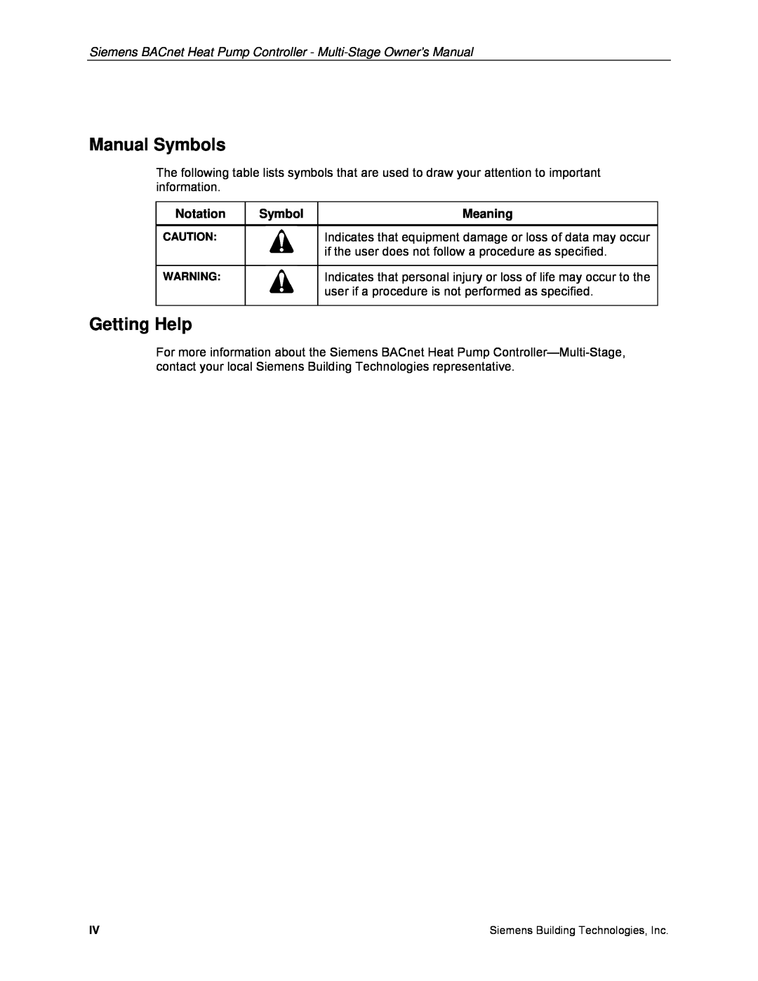 Siemens 125-699 owner manual Manual Symbols, Getting Help, Notation, Meaning 