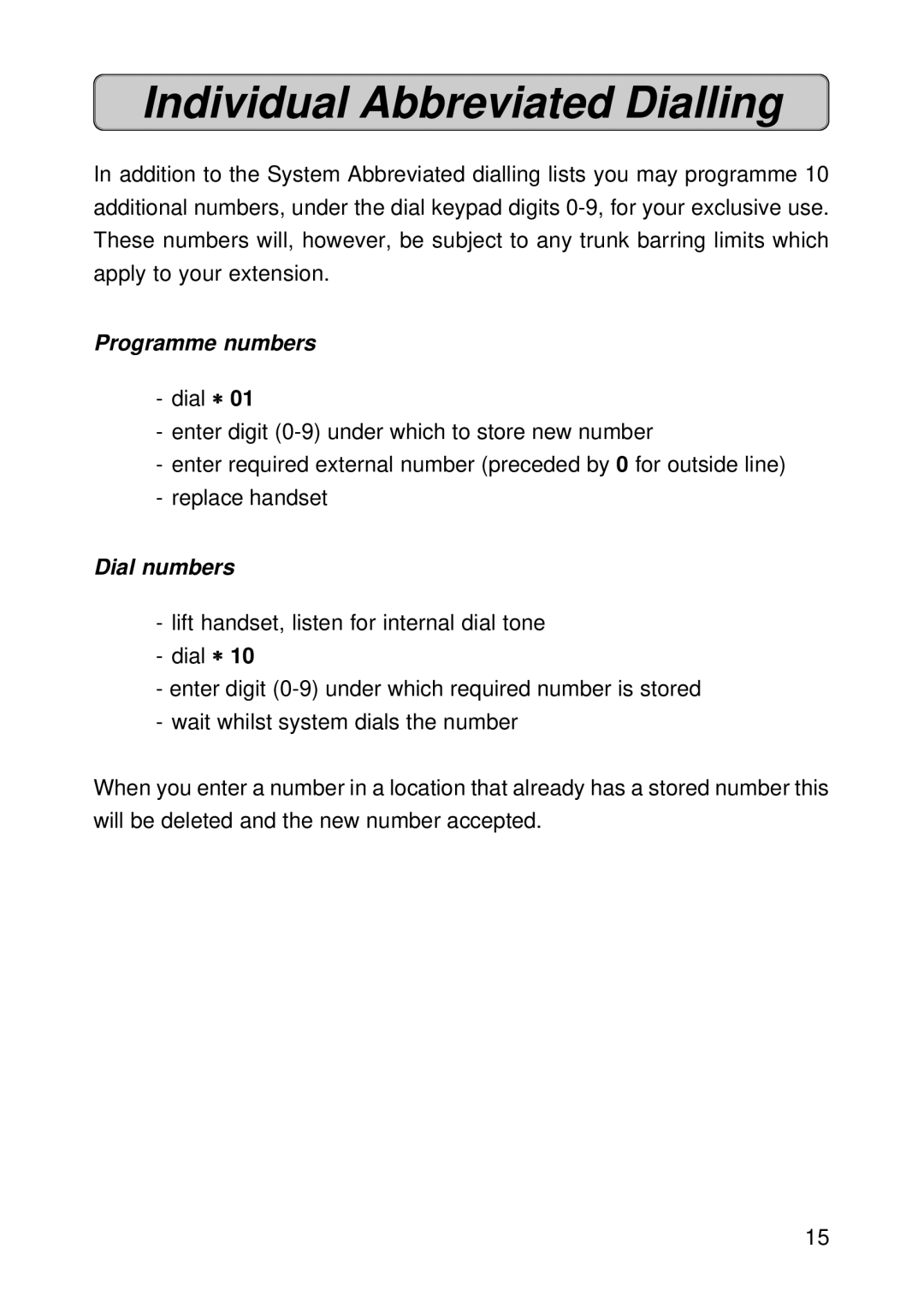 Siemens 150 manual Individual Abbreviated Dialling, Programme numbers, Dial numbers 