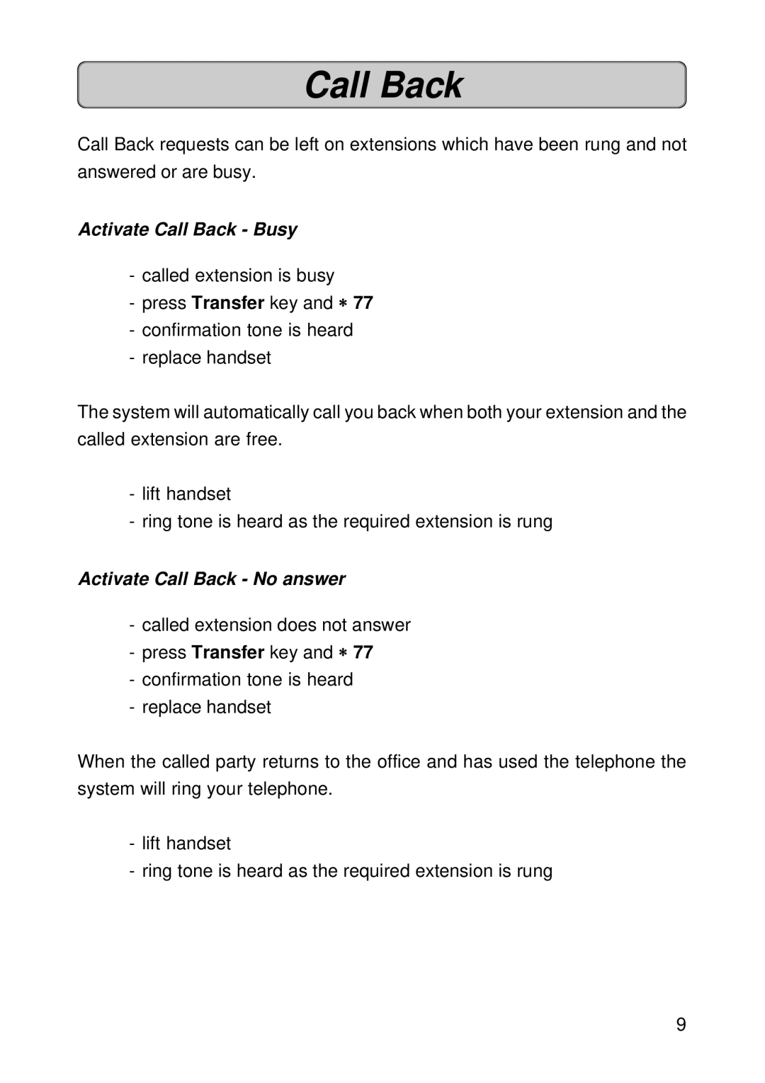 Siemens 150 manual Activate Call Back Busy, Activate Call Back No answer 