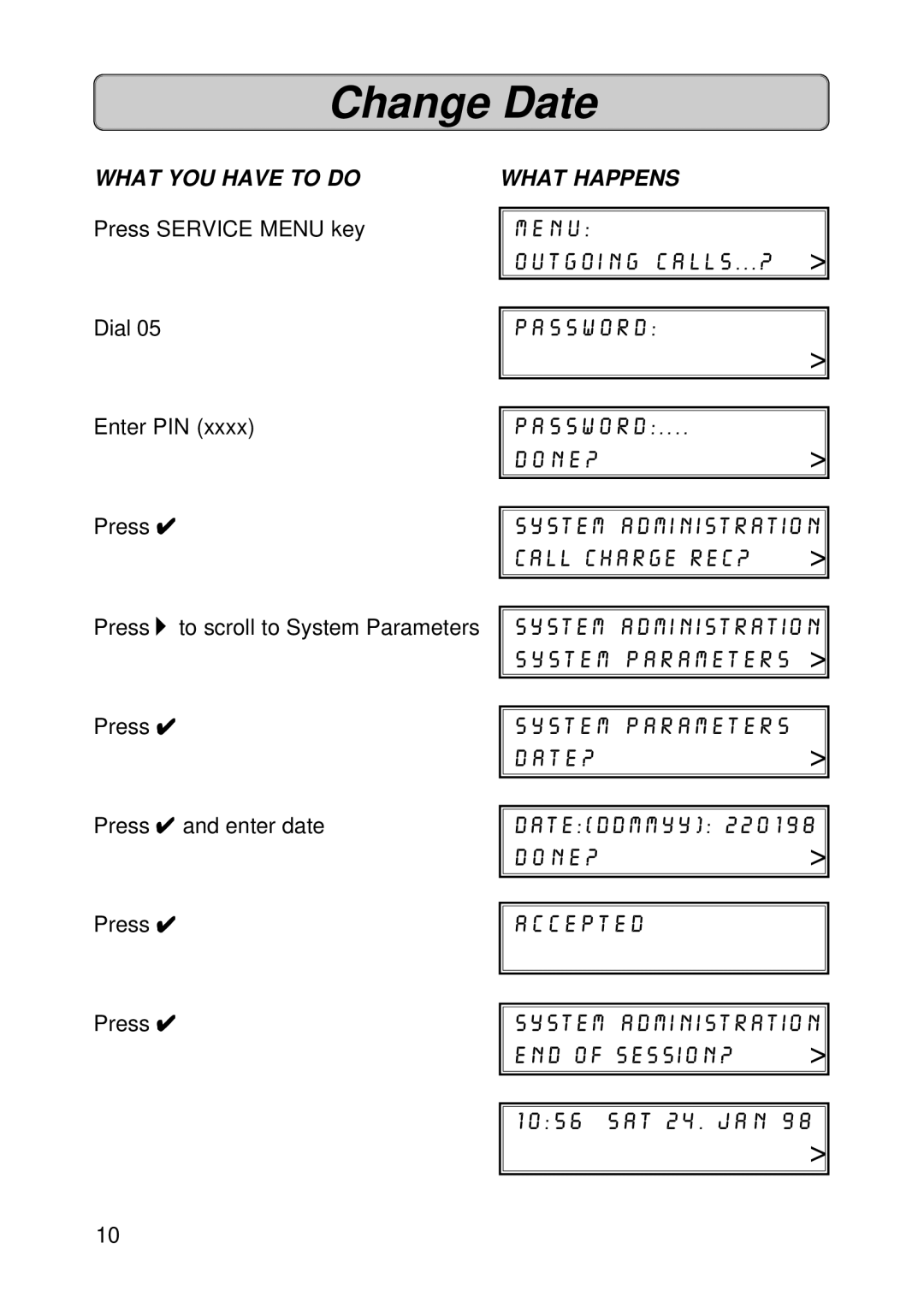 Siemens 150 manual Change Date, What YOU have to do What Happens 