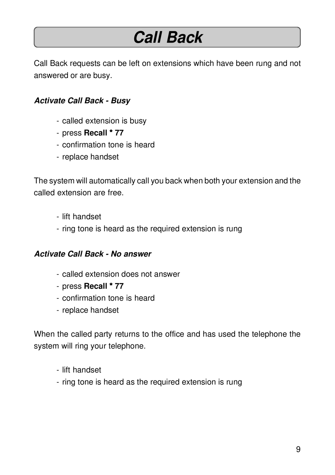 Siemens 150 manual Activate Call Back Busy, Activate Call Back No answer 