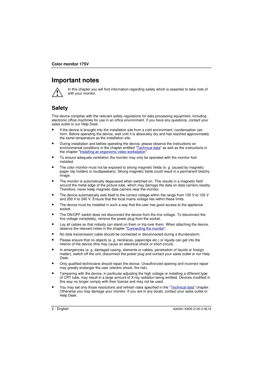 Siemens 175V manual Important notes, Safety 