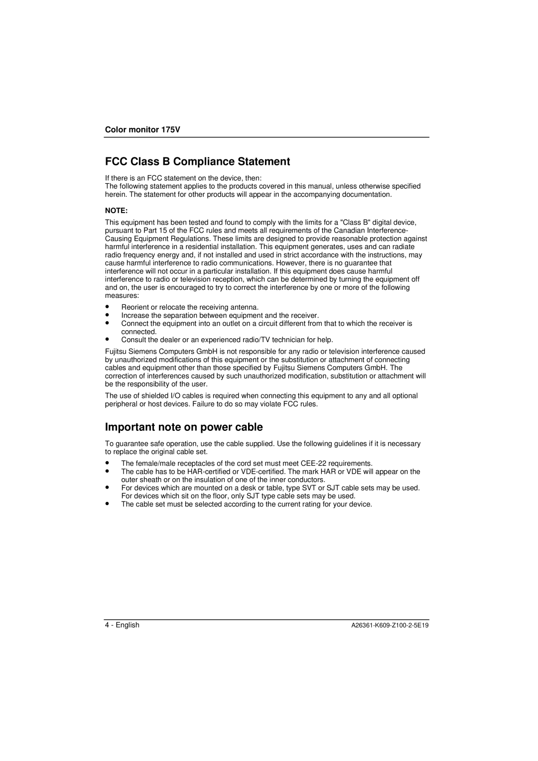 Siemens 175V manual FCC Class B Compliance Statement, Important note on power cable 