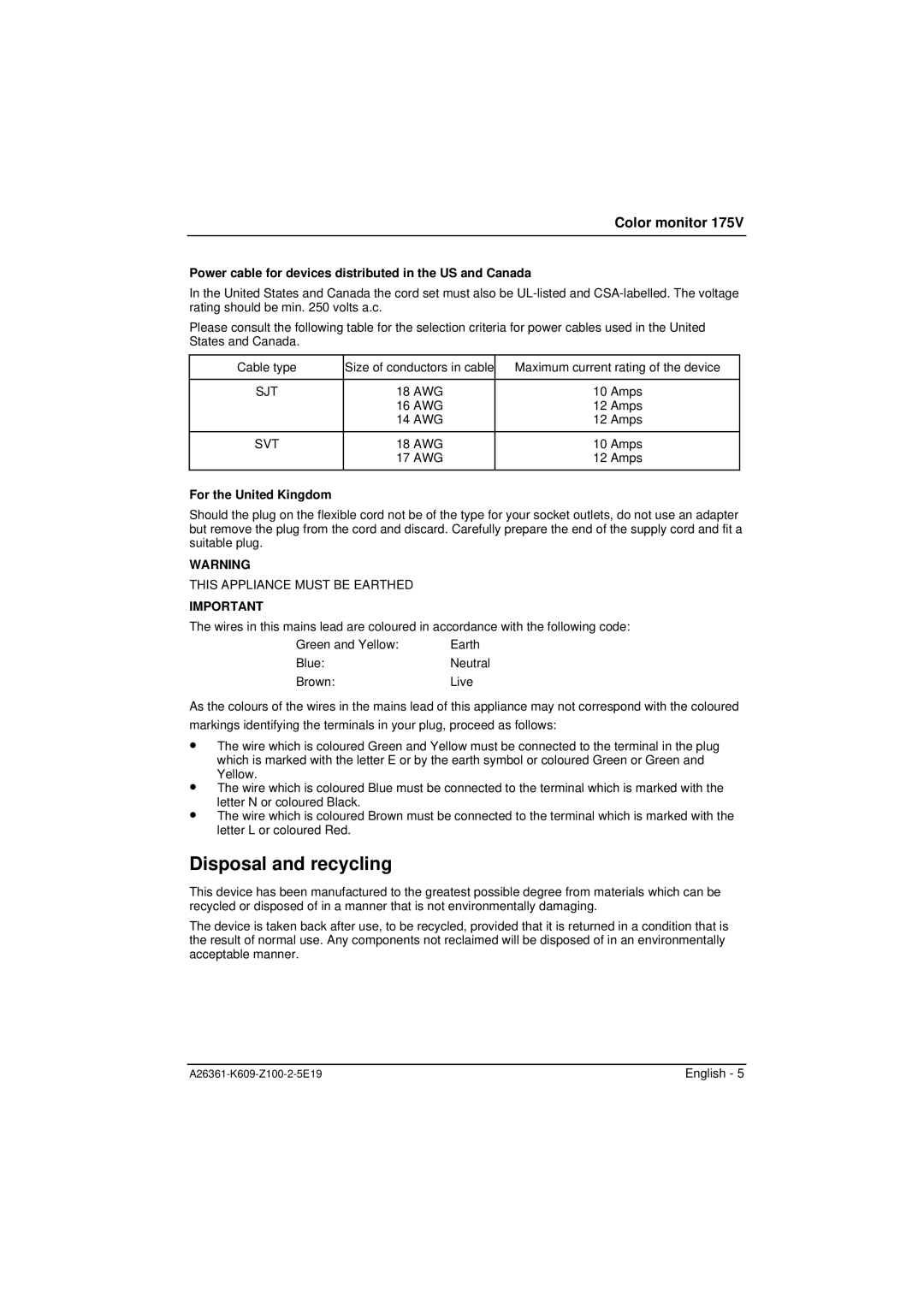 Siemens 175V Disposal and recycling, Power cable for devices distributed in the US and Canada, For the United Kingdom 