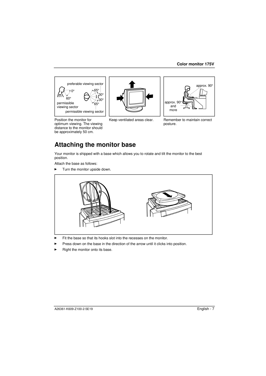 Siemens 175V manual Attaching the monitor base 