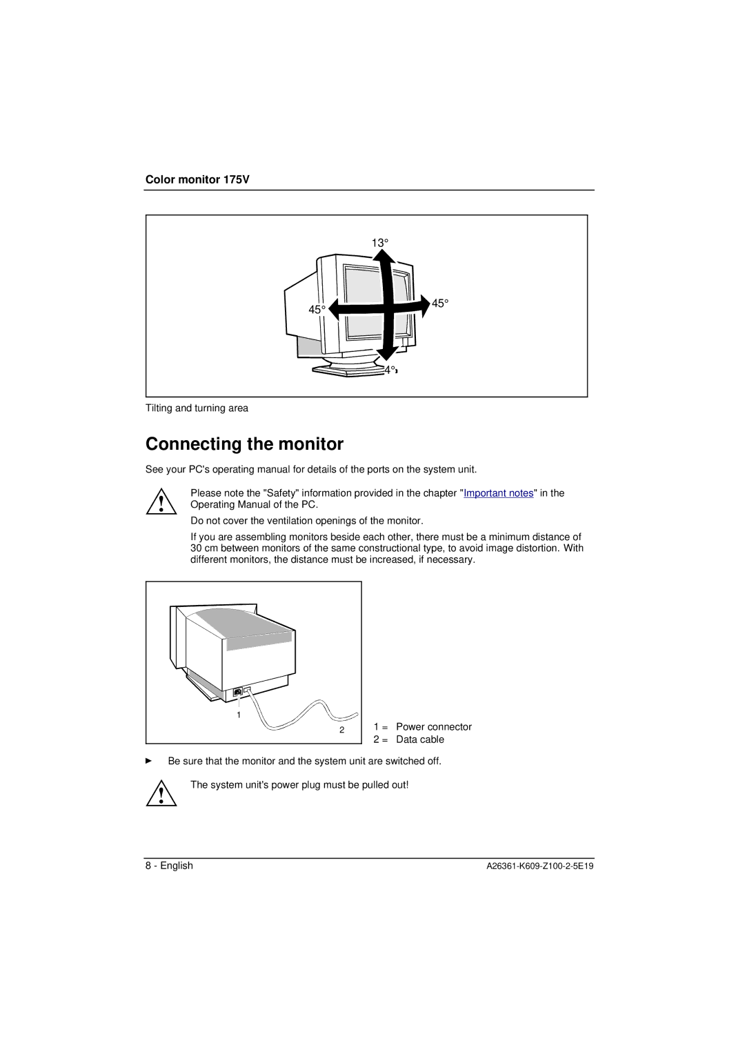 Siemens 175V manual Connecting the monitor 