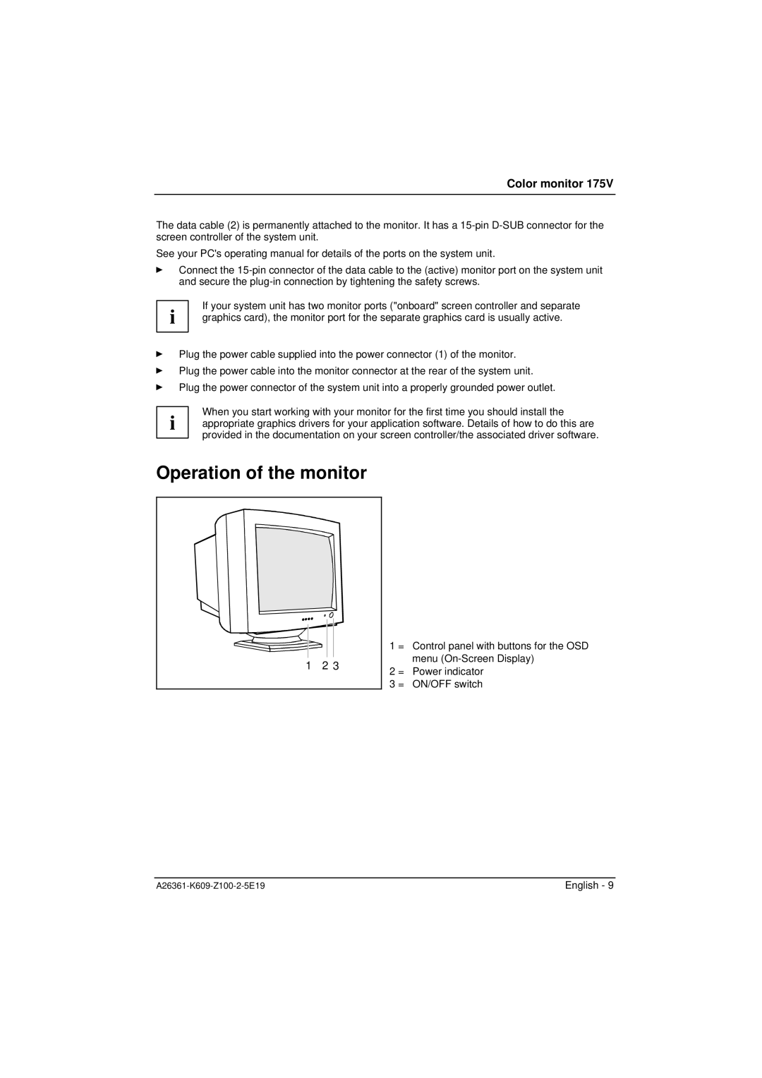 Siemens 175V manual Operation of the monitor 