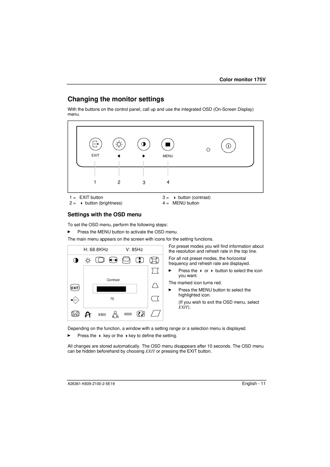 Siemens 175V manual Changing the monitor settings, Settings with the OSD menu 