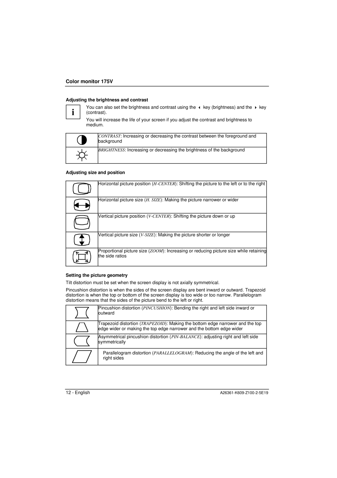 Siemens 175V manual Adjusting the brightness and contrast, Adjusting size and position, Setting the picture geometry 